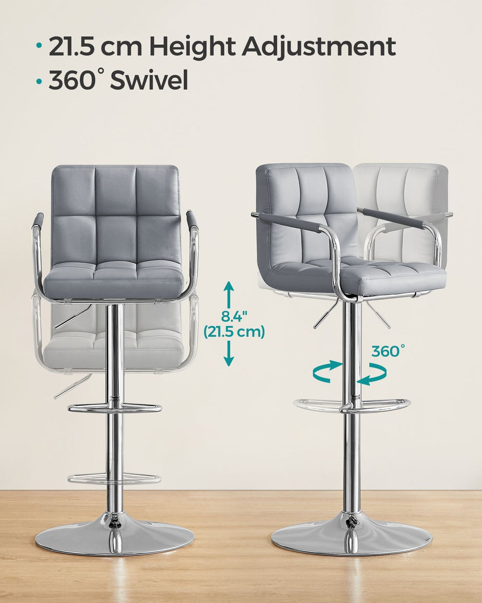 Bar Chair – Synthetic Leather – Light Grey – Height Adjustable, 360° Swivel with Backrest and Footrest