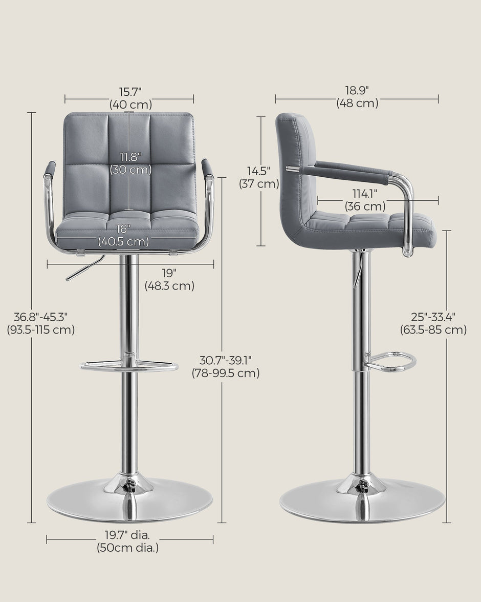 Bar Chair – Synthetic Leather – Light Grey – Height Adjustable, 360° Swivel with Backrest and Footrest