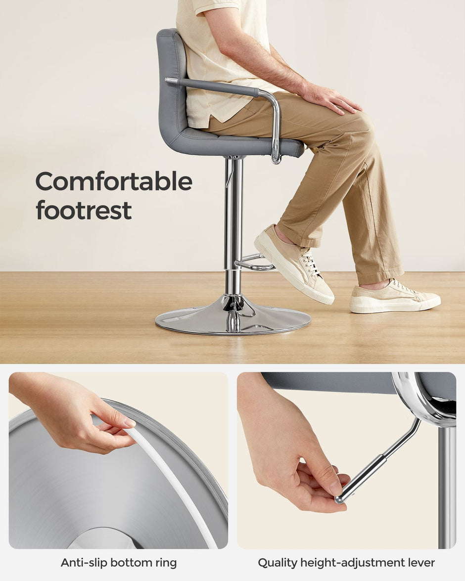 Bar Chair – Synthetic Leather – Light Grey – Height Adjustable, 360° Swivel with Backrest and Footrest