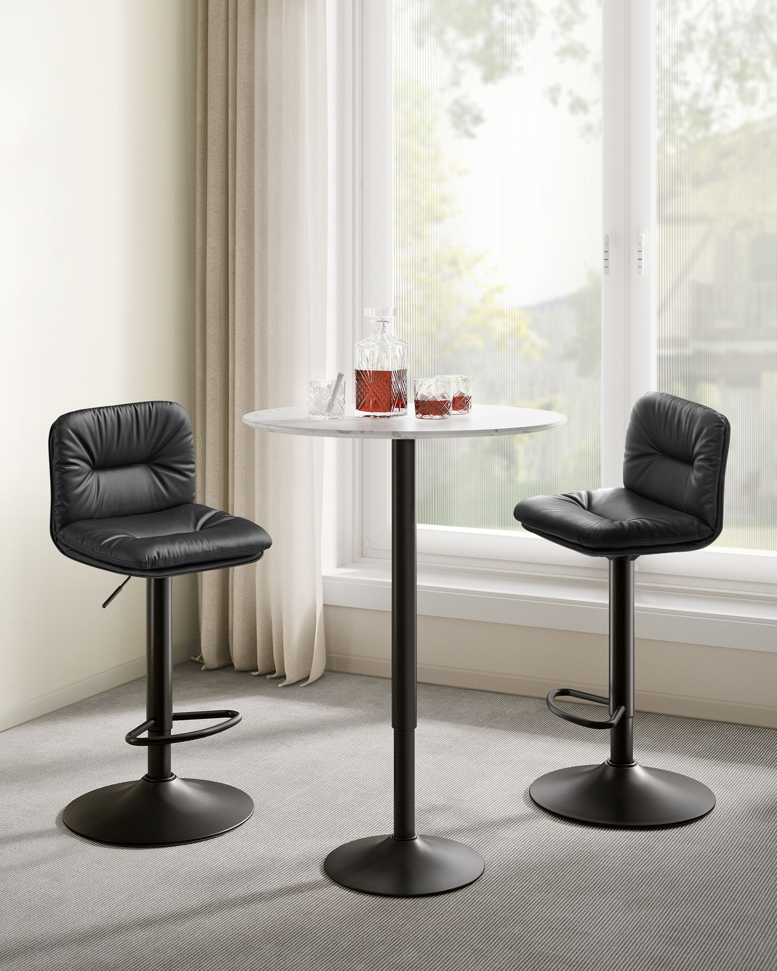 Bar Stools Set of 2 – PU – Adjustable – 360° Swivel with Backrest and Footrest
