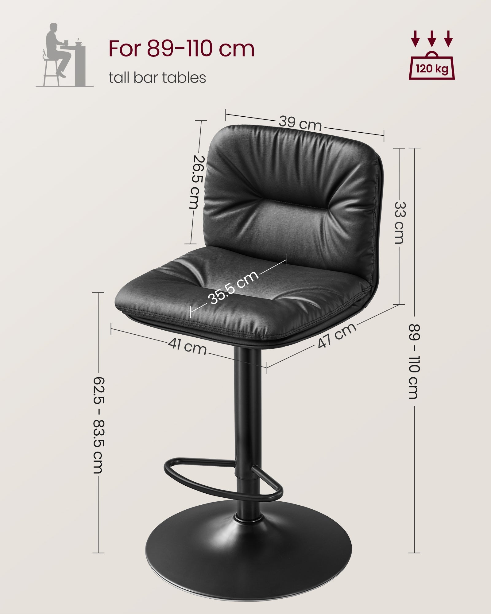Bar Stools Set of 2 – PU – Adjustable – 360° Swivel with Backrest and Footrest