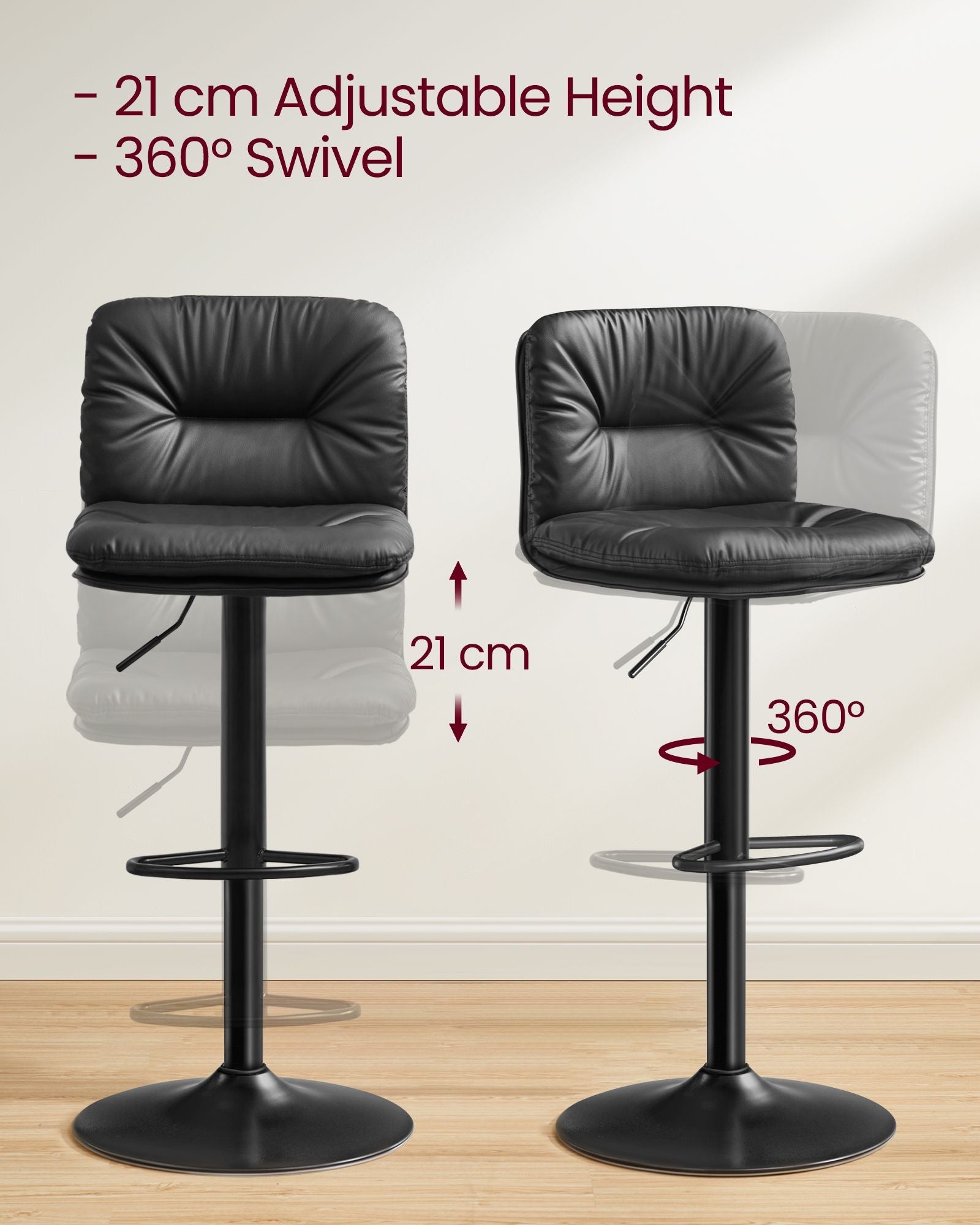 Bar Stools Set of 2 – PU – Adjustable – 360° Swivel with Backrest and Footrest