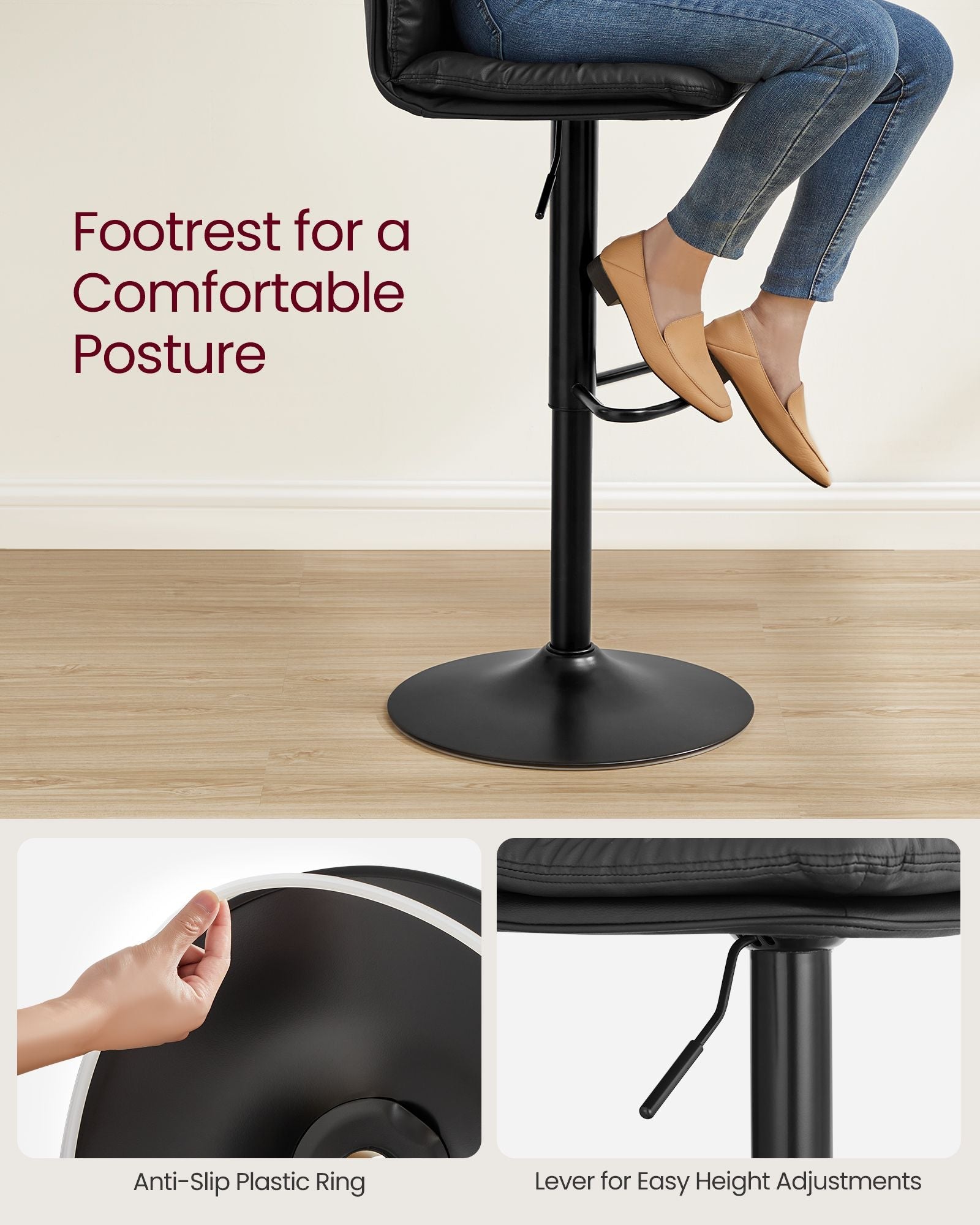 Bar Stools Set of 2 – PU – Adjustable – 360° Swivel with Backrest and Footrest