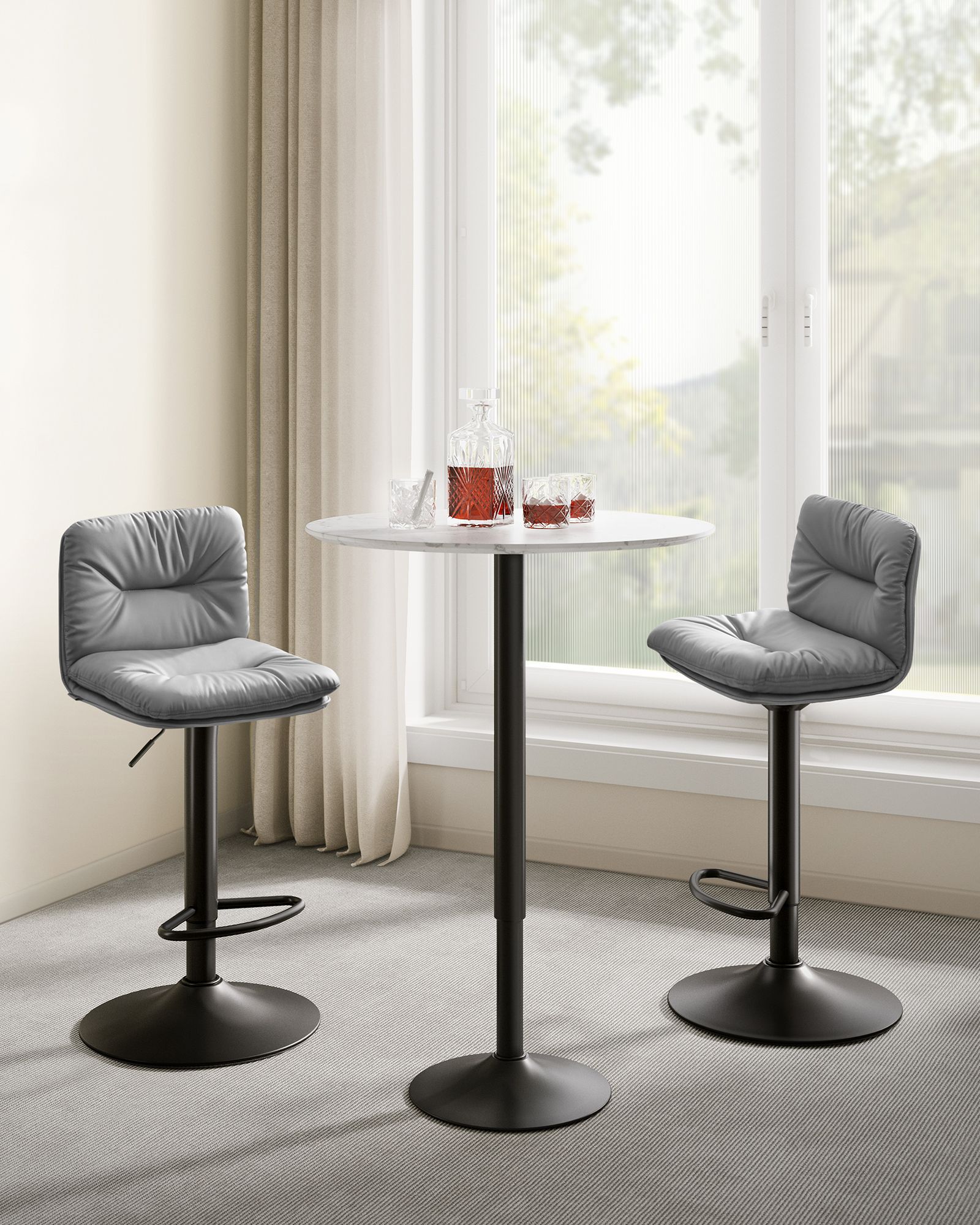 Bar Stools Set of 2 – PU – Adjustable – 360° Swivel with Backrest and Footrest