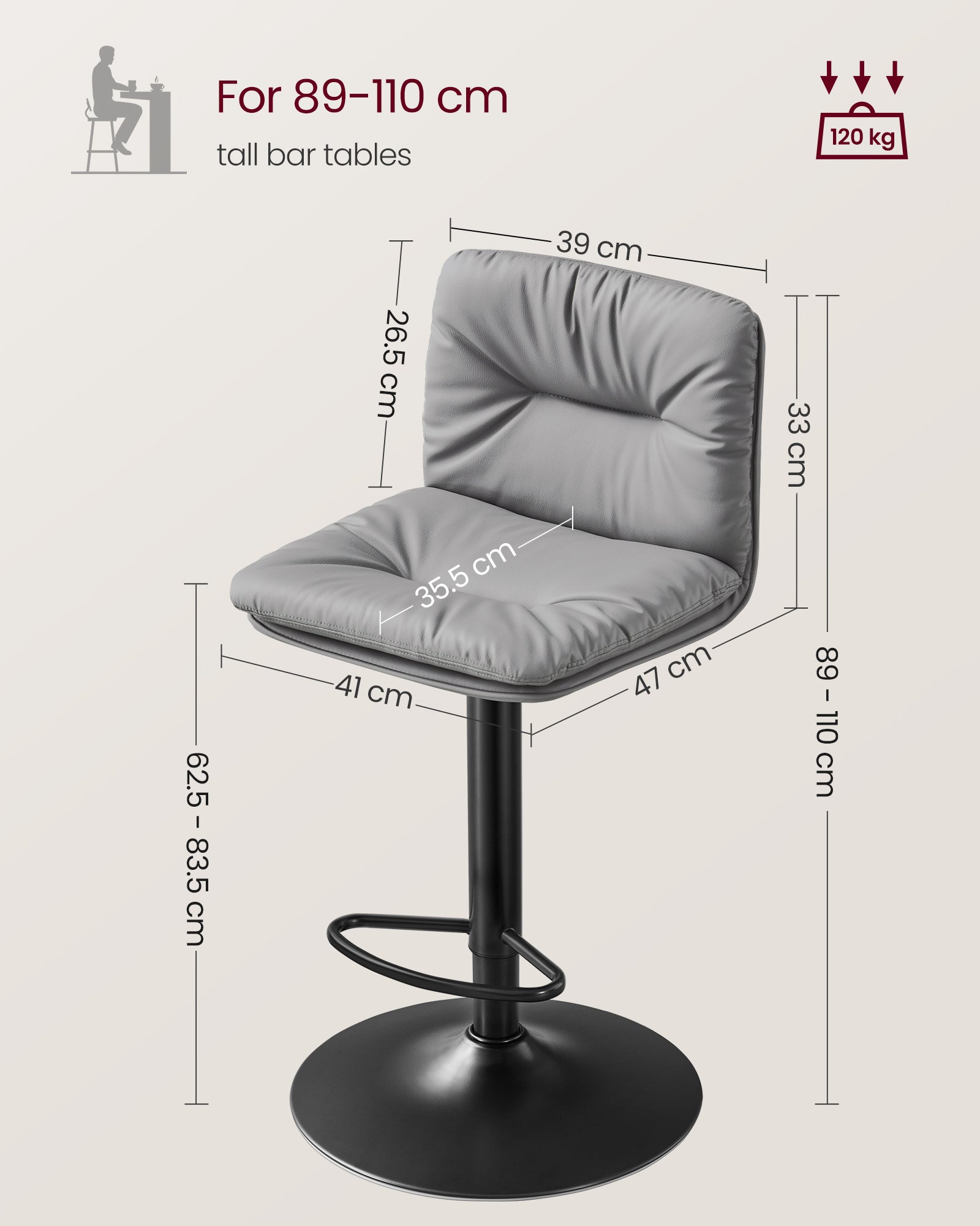 Bar Stools Set of 2 – PU – Adjustable – 360° Swivel with Backrest and Footrest