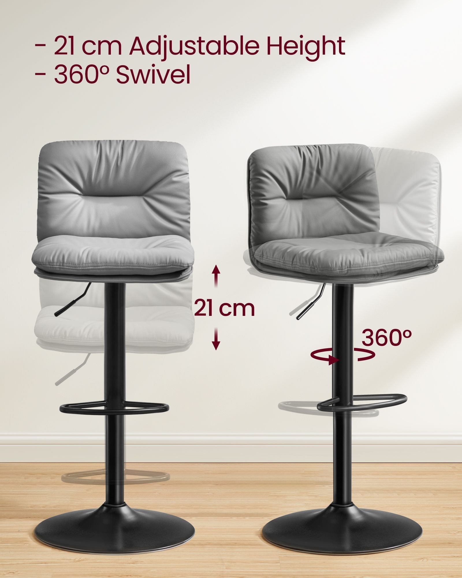Bar Stools Set of 2 – PU – Adjustable – 360° Swivel with Backrest and Footrest