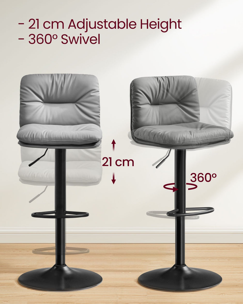 Bar Stools Set of 2 – PU – Adjustable – 360° Swivel with Backrest and Footrest