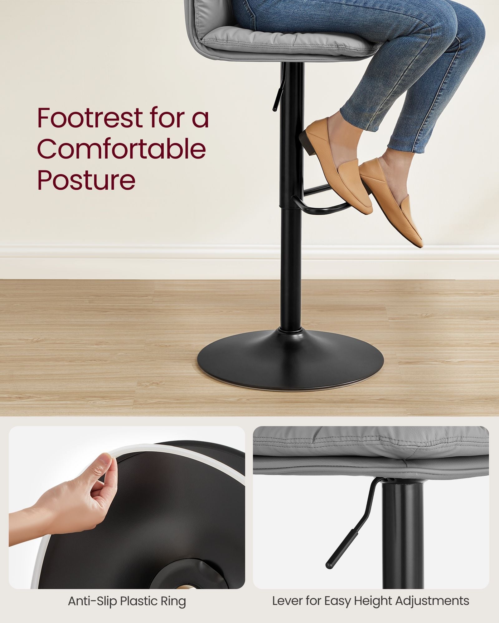 Bar Stools Set of 2 – PU – Adjustable – 360° Swivel with Backrest and Footrest