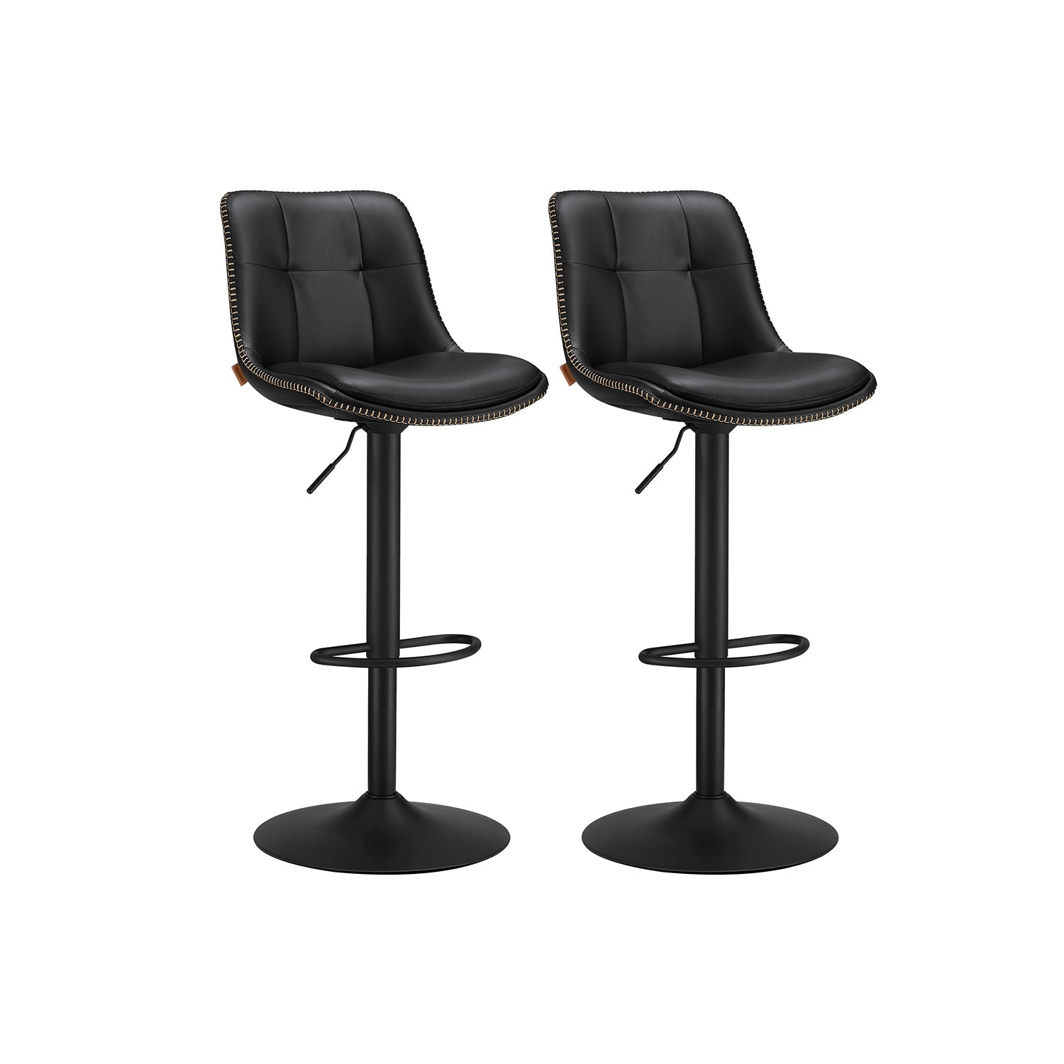 Set of 2 Height Adjustable Swivel Bar Stools – Synthetic Leather – Ink Black – Backrests and Footrests