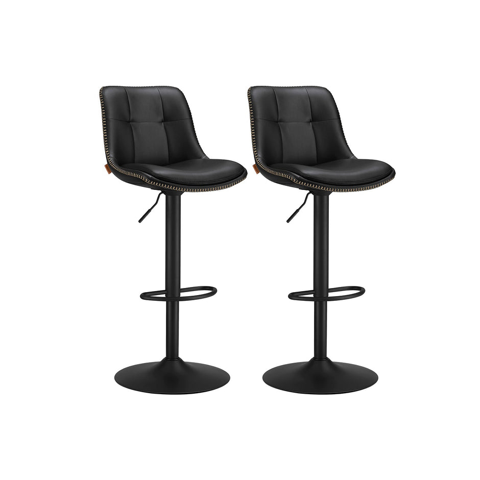 Set of 2 Height Adjustable Swivel Bar Stools – Synthetic Leather – Ink Black – Backrests and Footrests