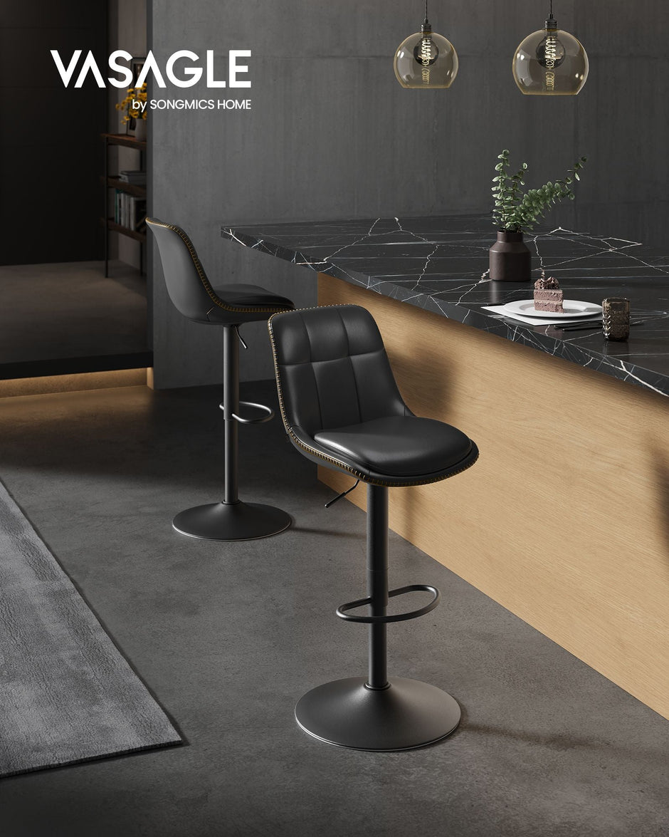 Set of 2 Height Adjustable Swivel Bar Stools – Synthetic Leather – Ink Black – Backrests and Footrests