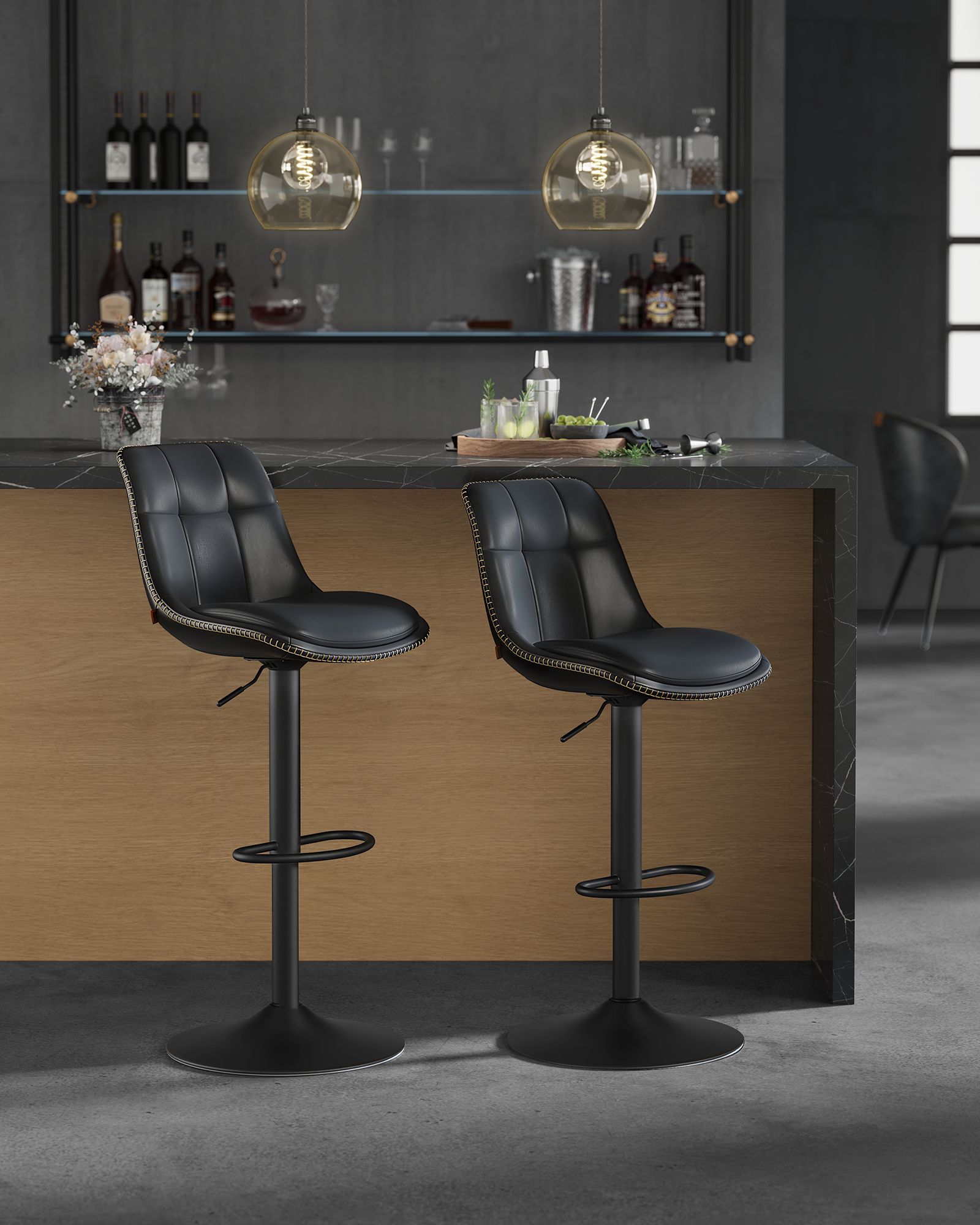Set of 2 Height Adjustable Swivel Bar Stools – Synthetic Leather – Ink Black – Backrests and Footrests