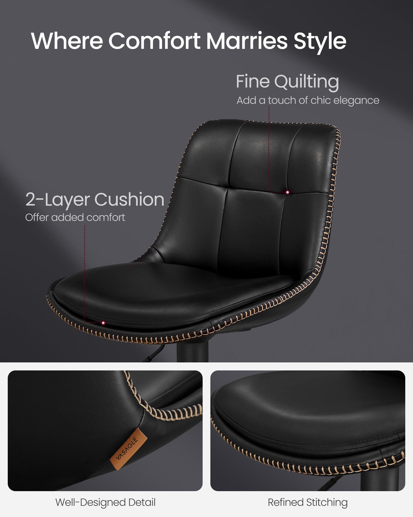 Set of 2 Height Adjustable Swivel Bar Stools – Synthetic Leather – Ink Black – Backrests and Footrests