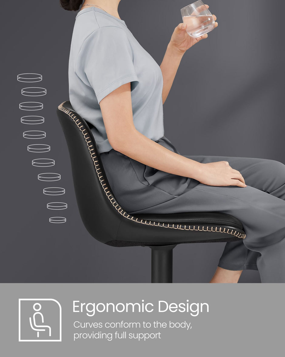 Set of 2 Height Adjustable Swivel Bar Stools – Synthetic Leather – Ink Black – Backrests and Footrests