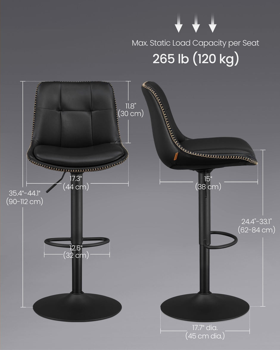 Set of 2 Height Adjustable Swivel Bar Stools – Synthetic Leather – Ink Black – Backrests and Footrests