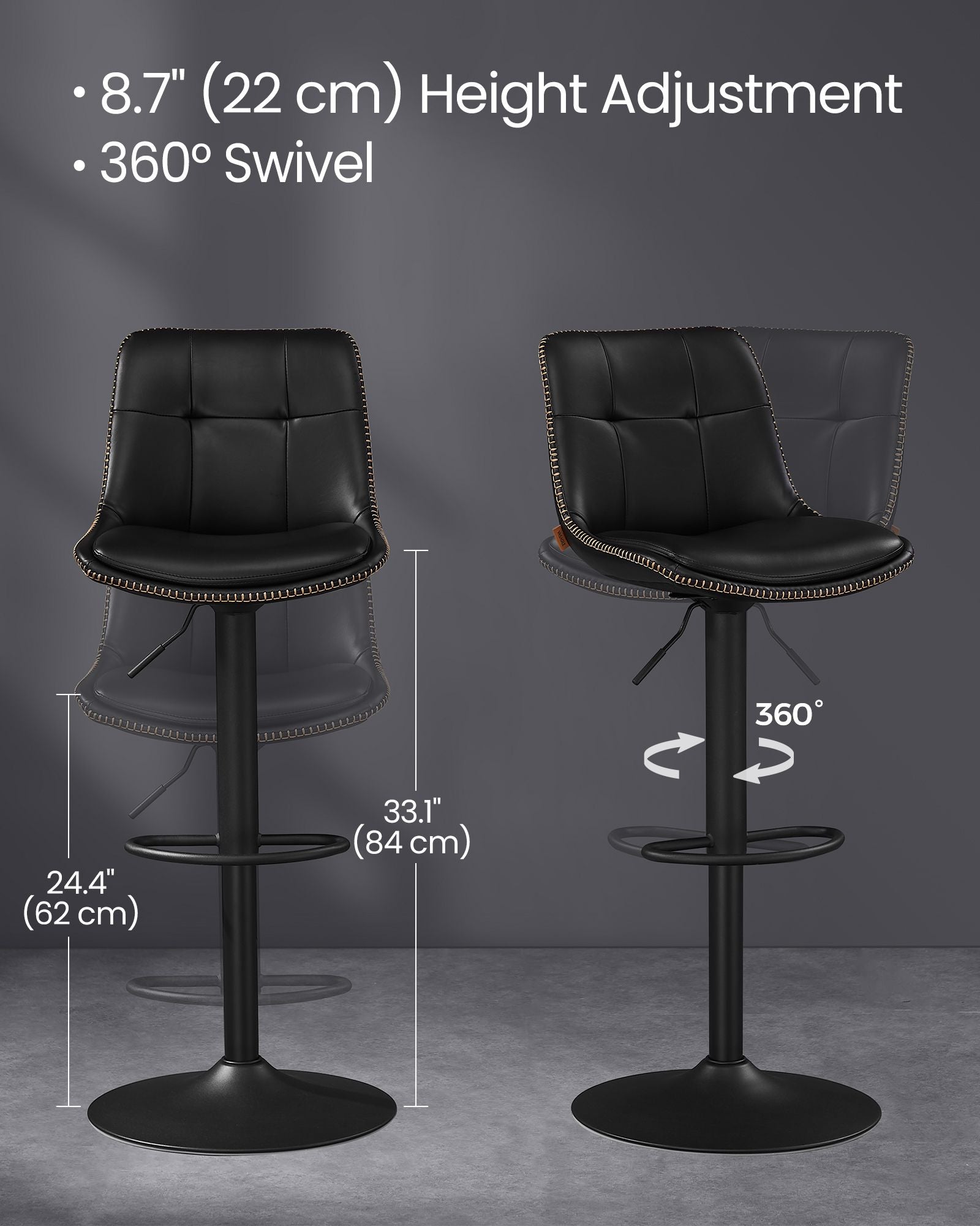 Set of 2 Height Adjustable Swivel Bar Stools – Synthetic Leather – Ink Black – Backrests and Footrests