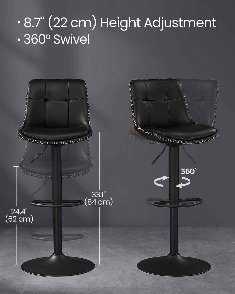 Set of 2 Height Adjustable Swivel Bar Stools – Synthetic Leather – Ink Black – Backrests and Footrests