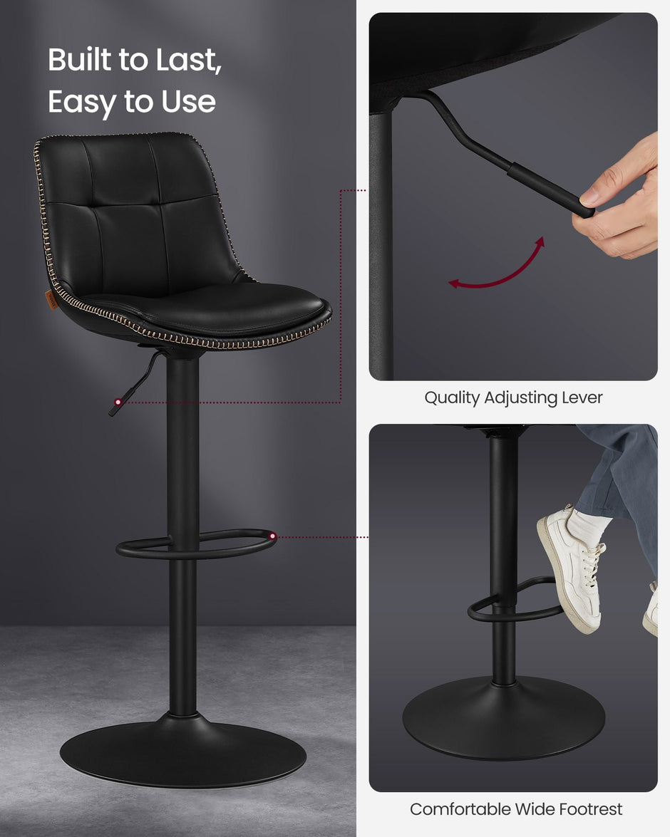 Set of 2 Height Adjustable Swivel Bar Stools – Synthetic Leather – Ink Black – Backrests and Footrests