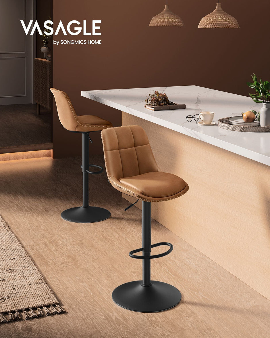 Set of 2 Height Adjustable Bar Stools – Synthetic Leather – Caramel Brown – Swivel Design with Backrests and Footrests