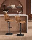 Set of 2 Height Adjustable Bar Stools – Synthetic Leather – Caramel Brown – Swivel Design with Backrests and Footrests