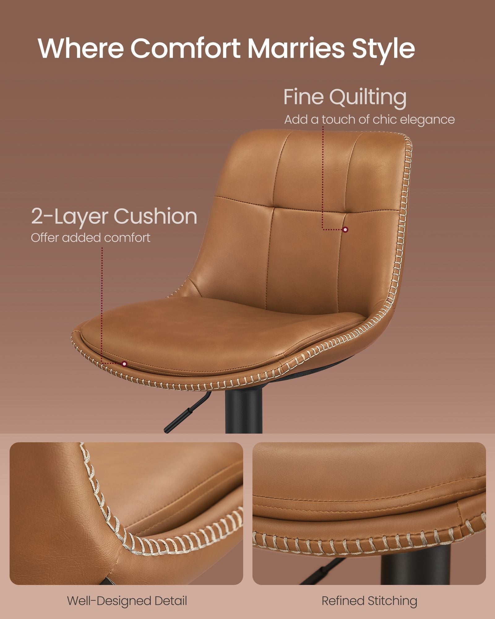 Set of 2 Height Adjustable Bar Stools – Synthetic Leather – Caramel Brown – Swivel Design with Backrests and Footrests