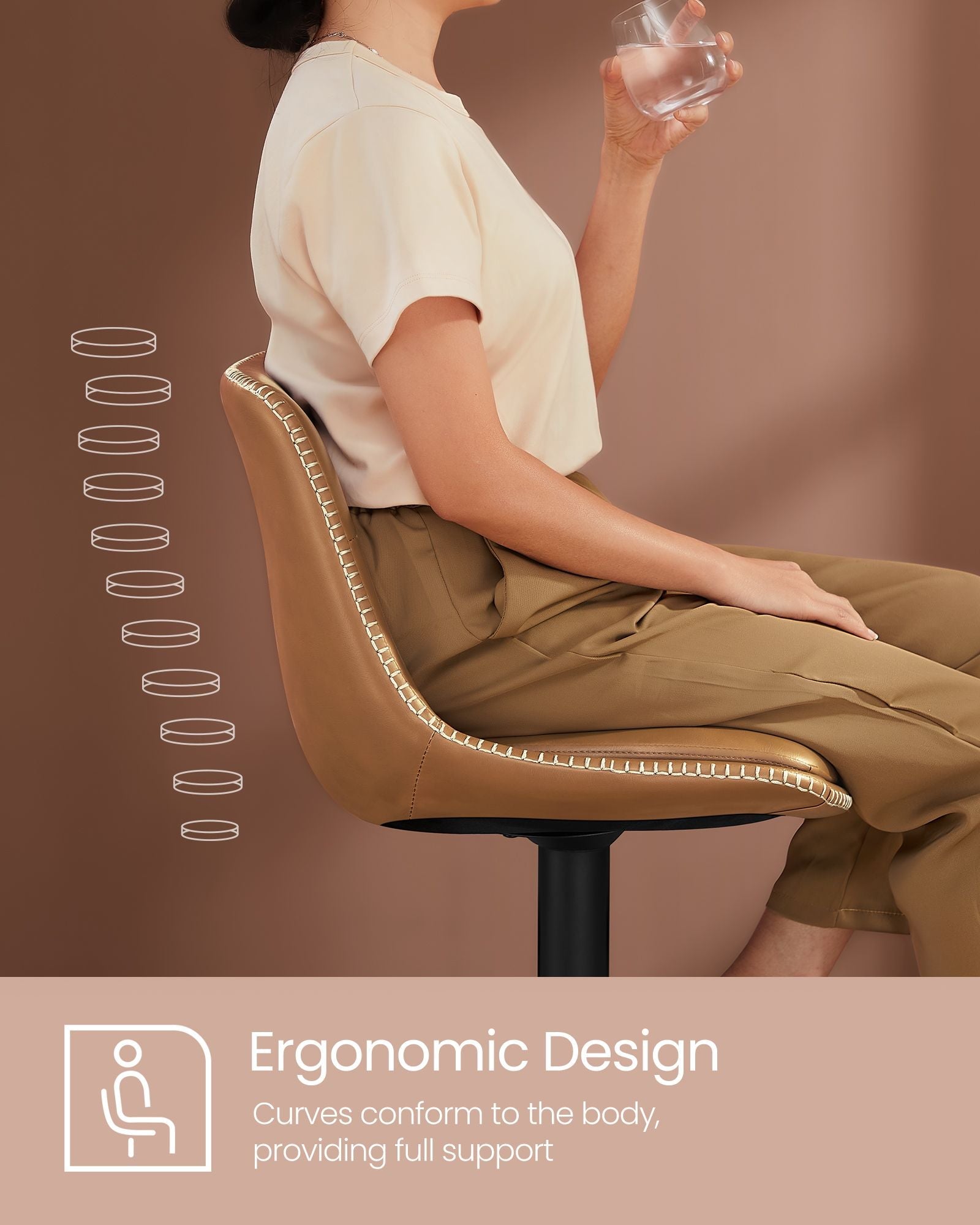 Set of 2 Height Adjustable Bar Stools – Synthetic Leather – Caramel Brown – Swivel Design with Backrests and Footrests