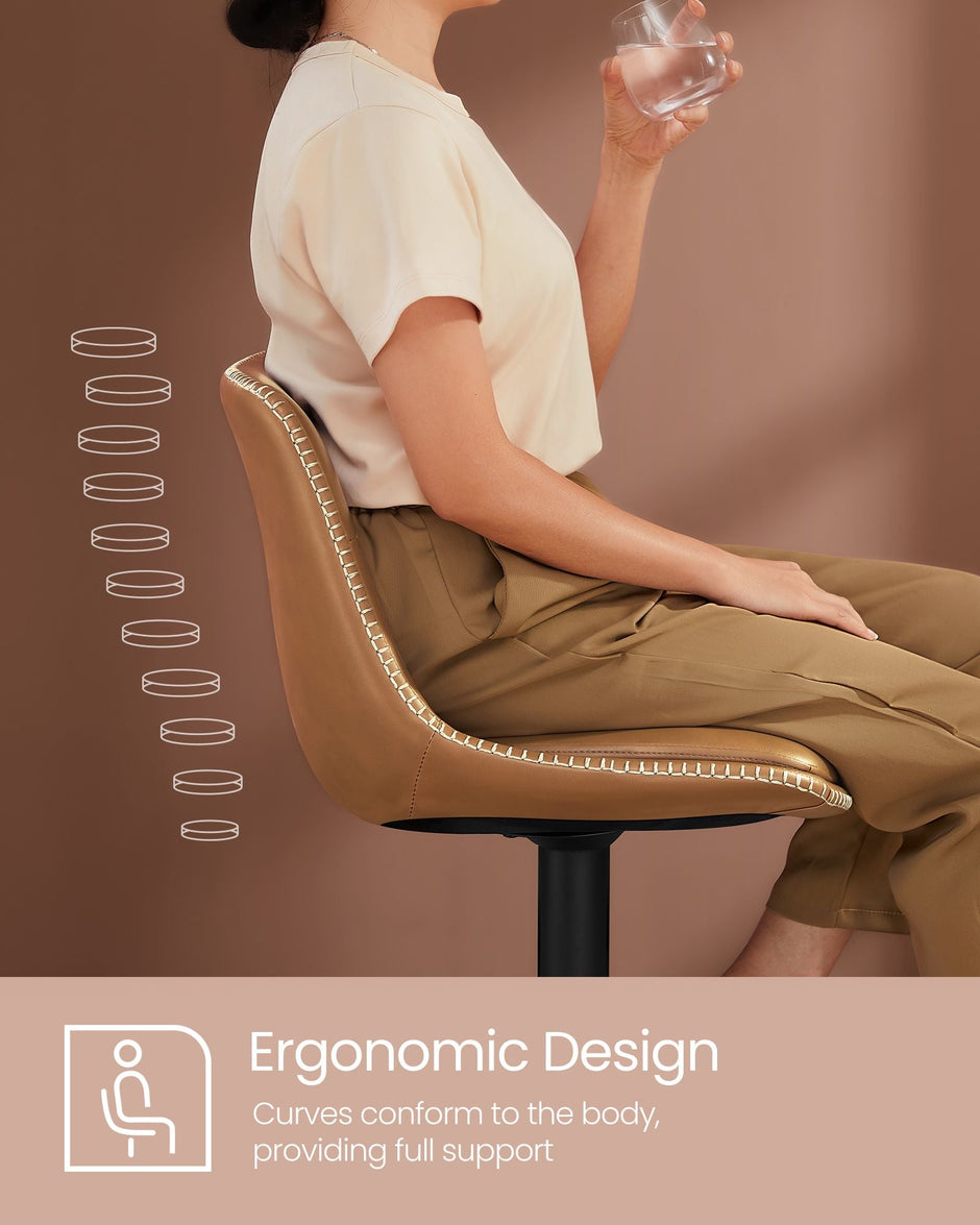 Set of 2 Height Adjustable Bar Stools – Synthetic Leather – Caramel Brown – Swivel Design with Backrests and Footrests