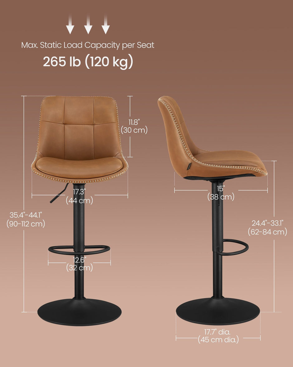 Set of 2 Height Adjustable Bar Stools – Synthetic Leather – Caramel Brown – Swivel Design with Backrests and Footrests