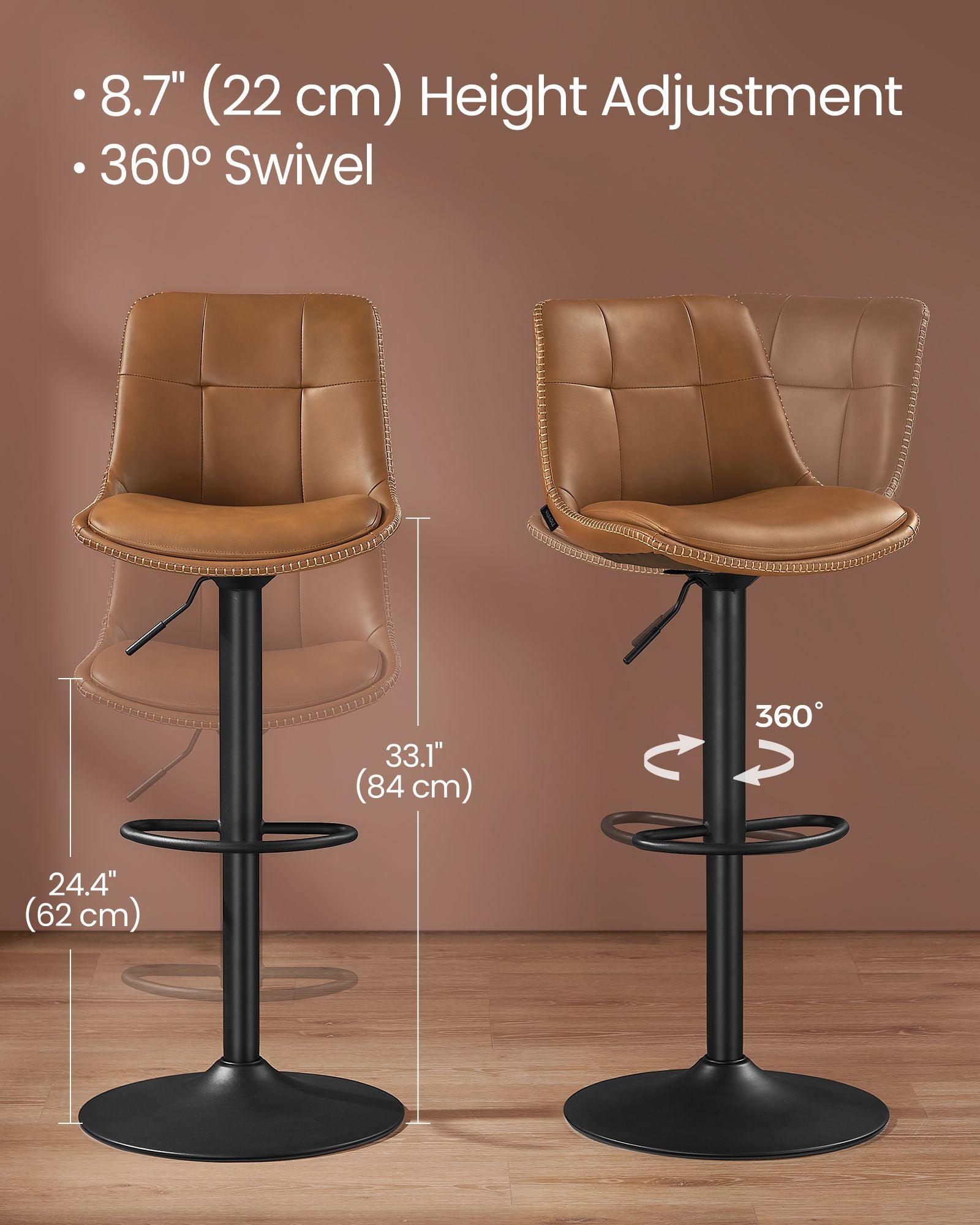 Set of 2 Height Adjustable Bar Stools – Synthetic Leather – Caramel Brown – Swivel Design with Backrests and Footrests
