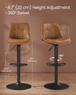 Set of 2 Height Adjustable Bar Stools – Synthetic Leather – Caramel Brown – Swivel Design with Backrests and Footrests