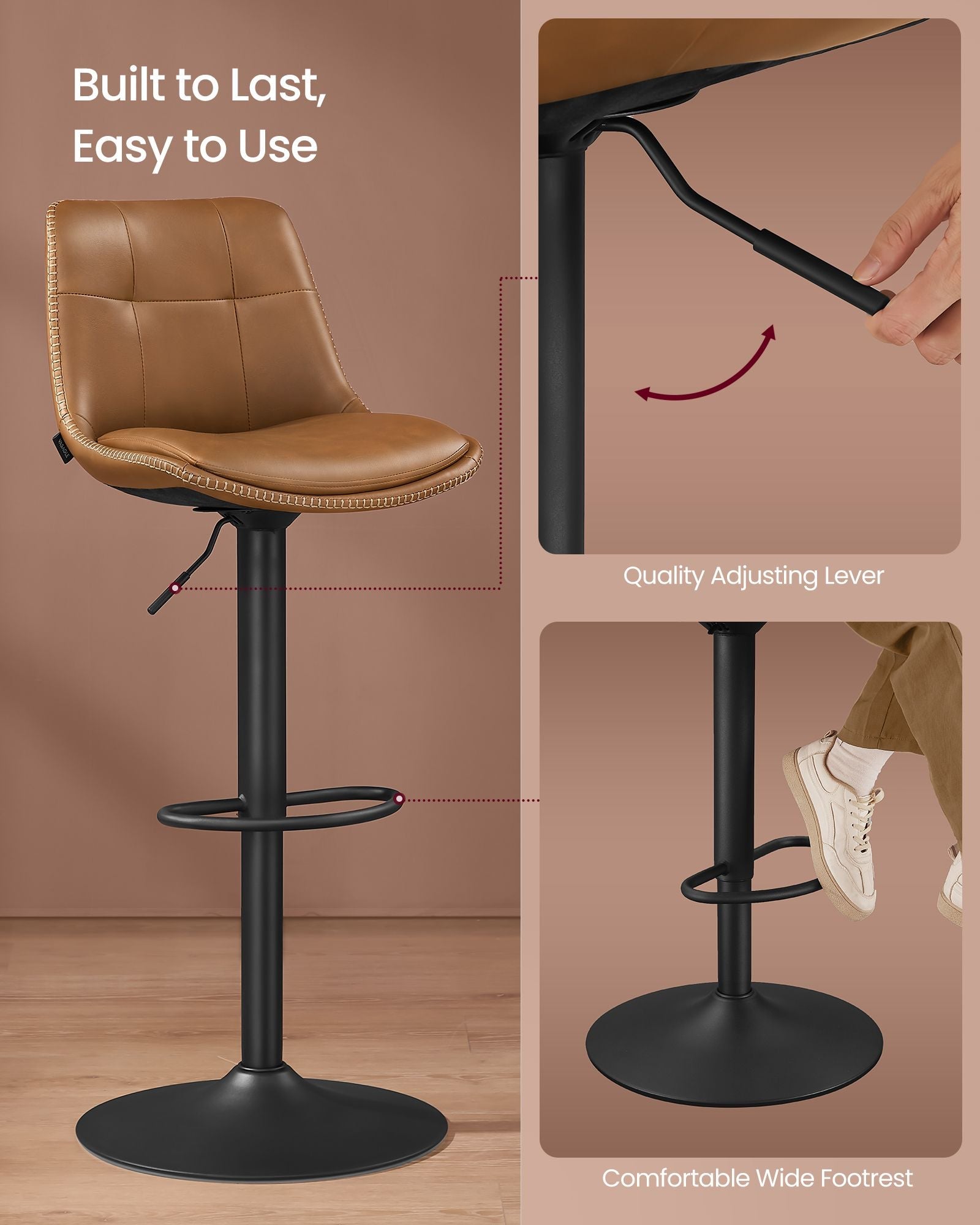 Set of 2 Height Adjustable Bar Stools – Synthetic Leather – Caramel Brown – Swivel Design with Backrests and Footrests