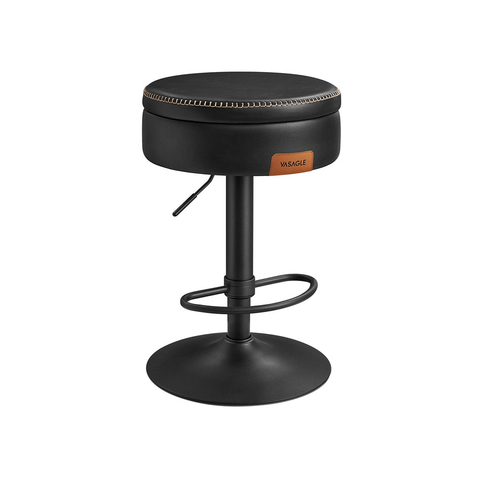 Bar Stool – Synthetic Leather – Ink Black – 360° Swivel and Height Adjustable with Storage