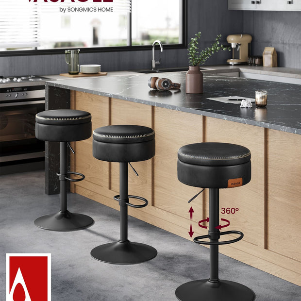 Bar Stool – Synthetic Leather – Ink Black – 360° Swivel and Height Adjustable with Storage