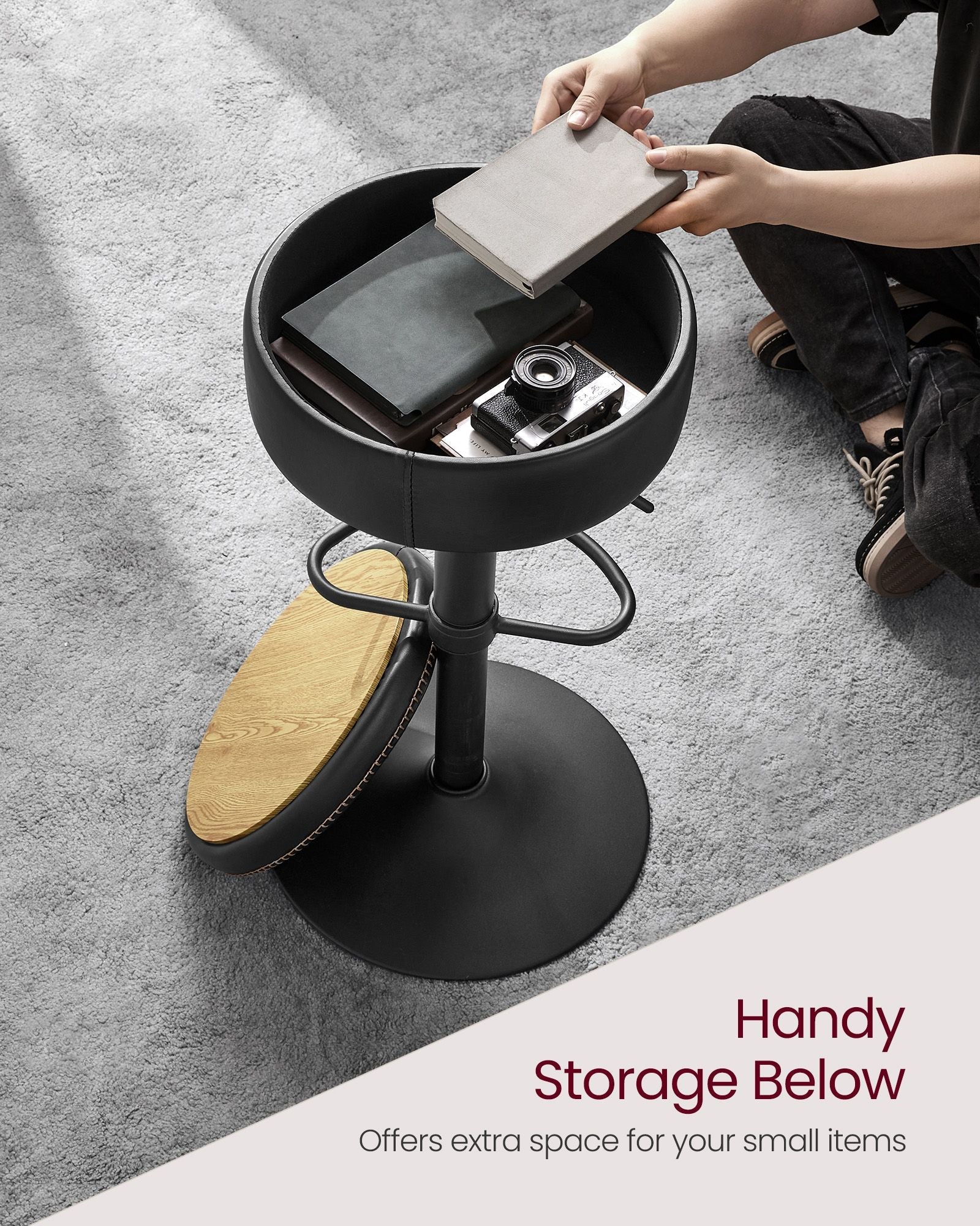 Bar Stool – Synthetic Leather – Ink Black – 360° Swivel and Height Adjustable with Storage