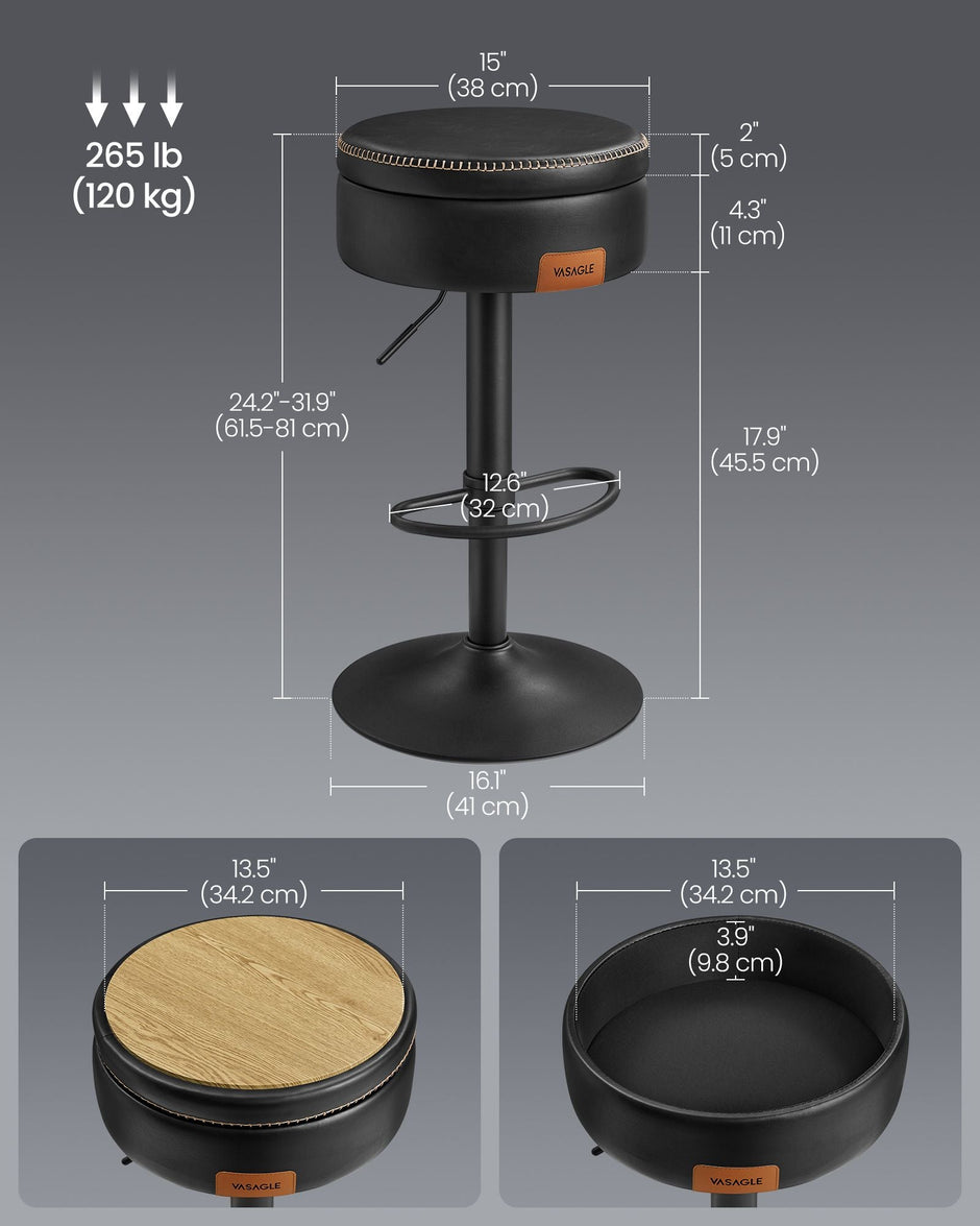 Bar Stool – Synthetic Leather – Ink Black – 360° Swivel and Height Adjustable with Storage