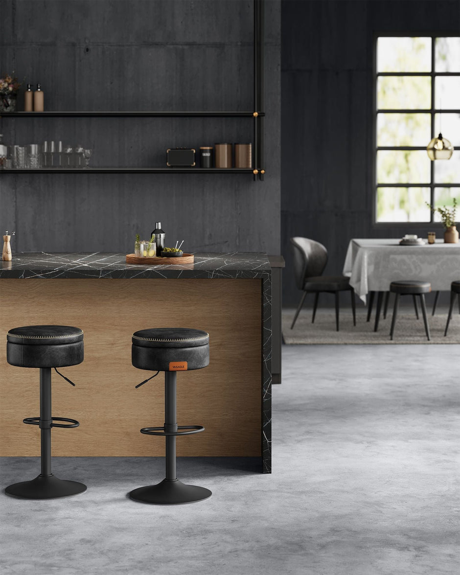 Bar Stool – Synthetic Leather – Ink Black – 360° Swivel and Height Adjustable with Storage