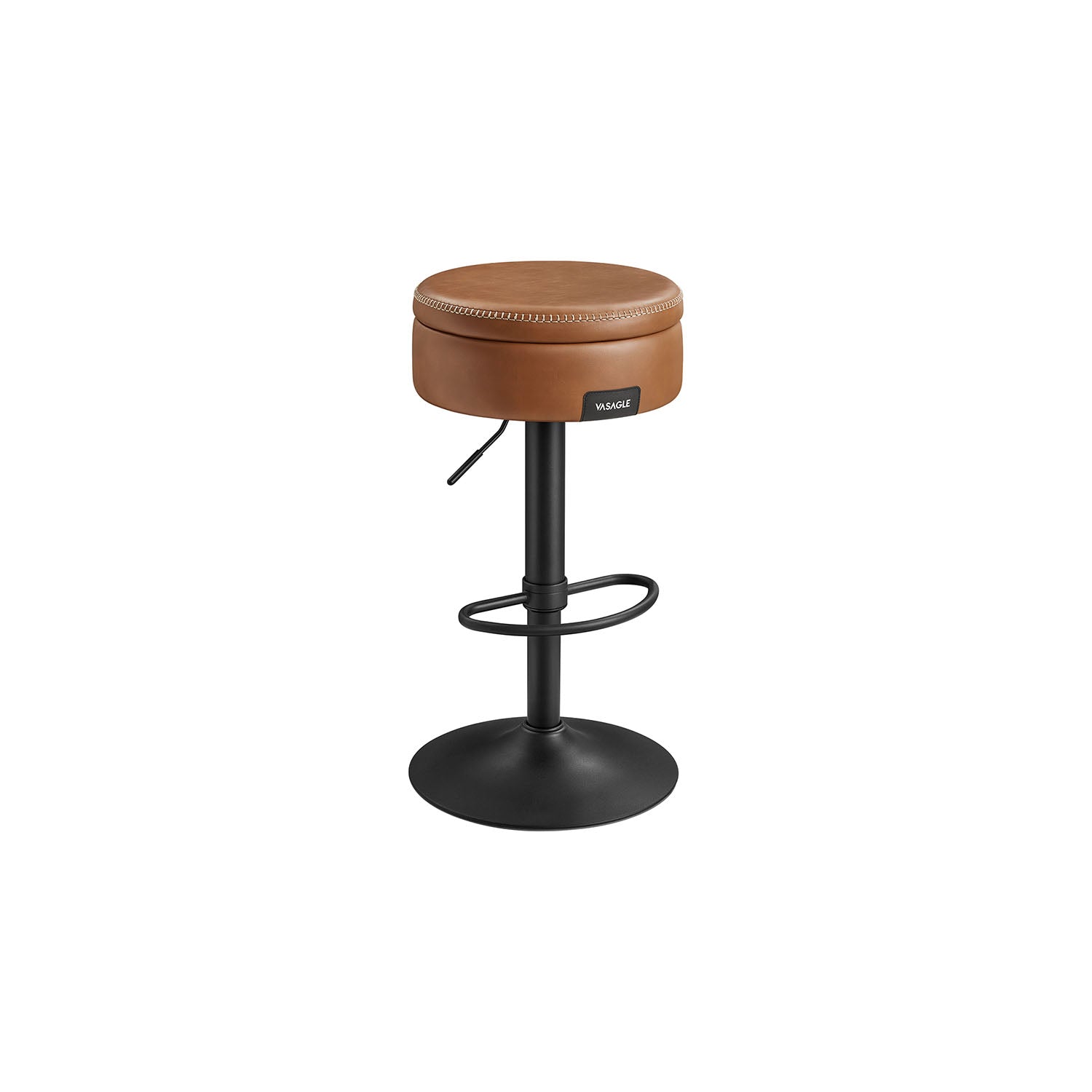 Bar Stool – Synthetic Leather – Caramel Brown – 360° Swivel and Height Adjustable with Storage