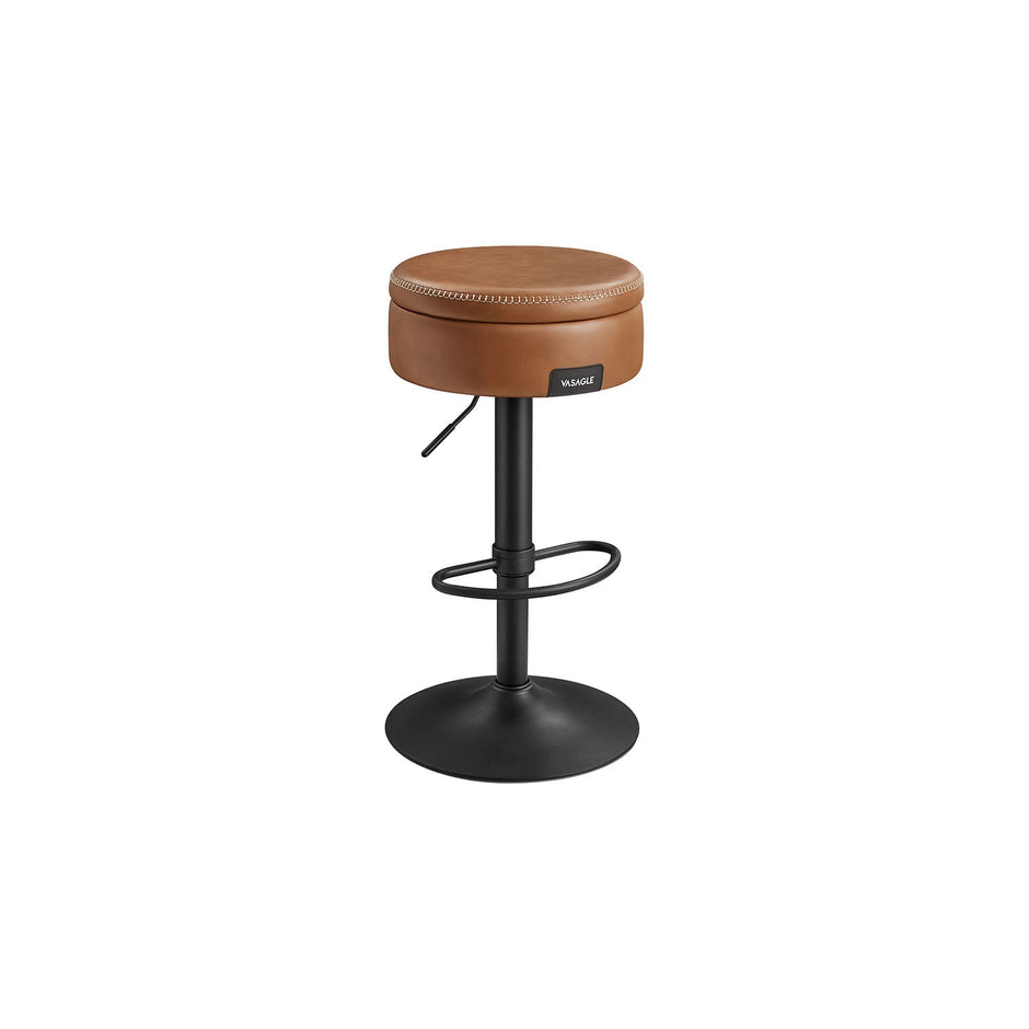 Bar Stool – Synthetic Leather – Caramel Brown – 360° Swivel and Height Adjustable with Storage