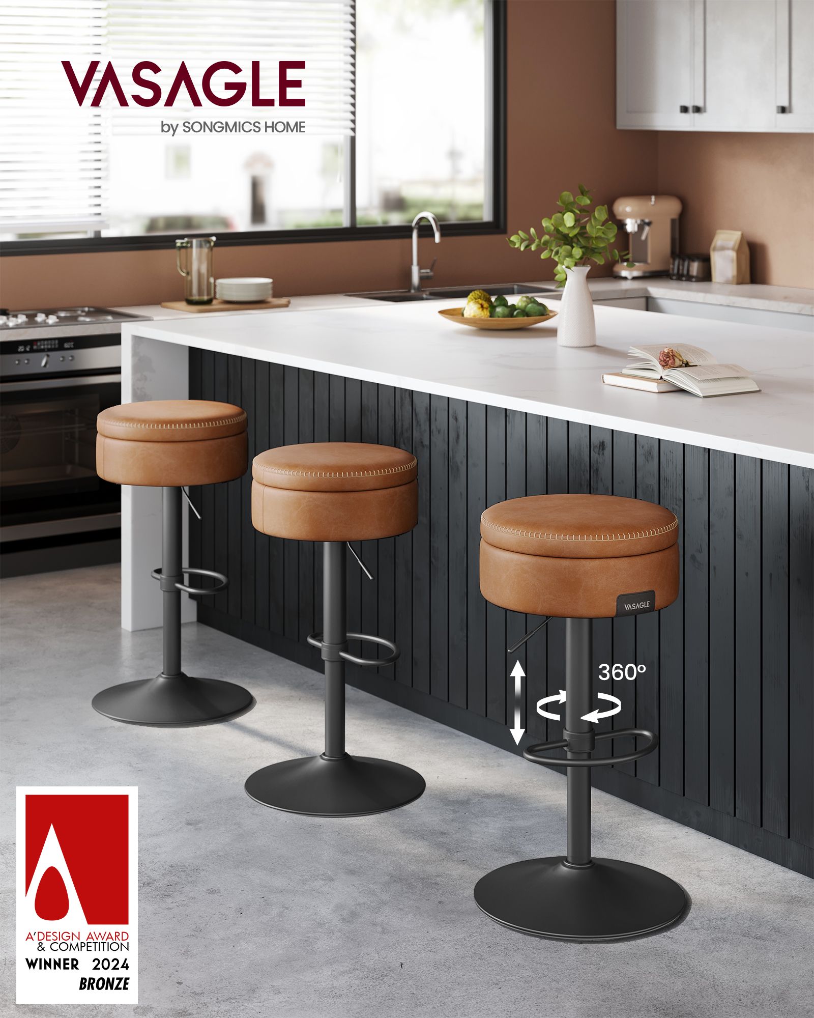 Bar Stool – Synthetic Leather – Caramel Brown – 360° Swivel and Height Adjustable with Storage
