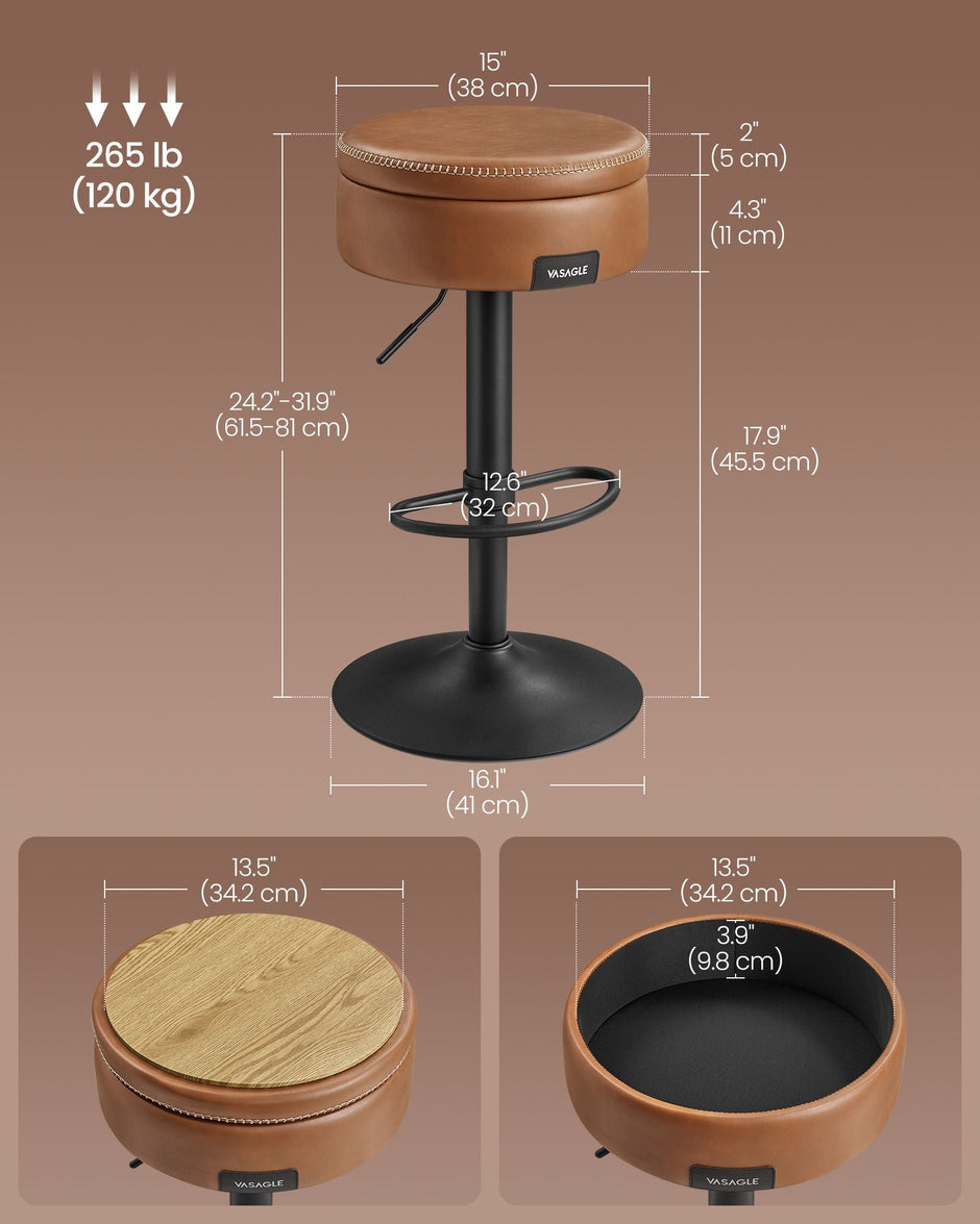 Bar Stool – Synthetic Leather – Caramel Brown – 360° Swivel and Height Adjustable with Storage