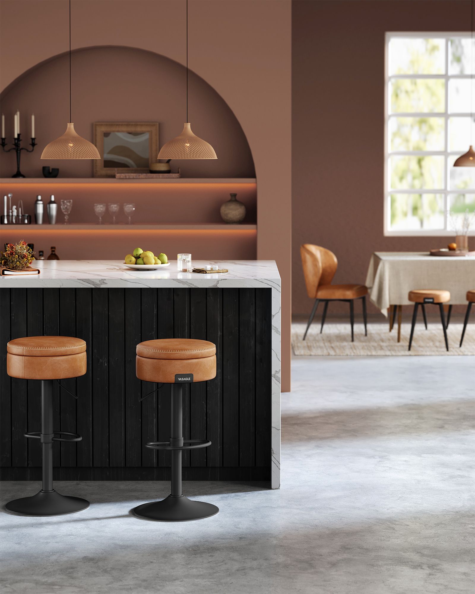 Bar Stool – Synthetic Leather – Caramel Brown – 360° Swivel and Height Adjustable with Storage