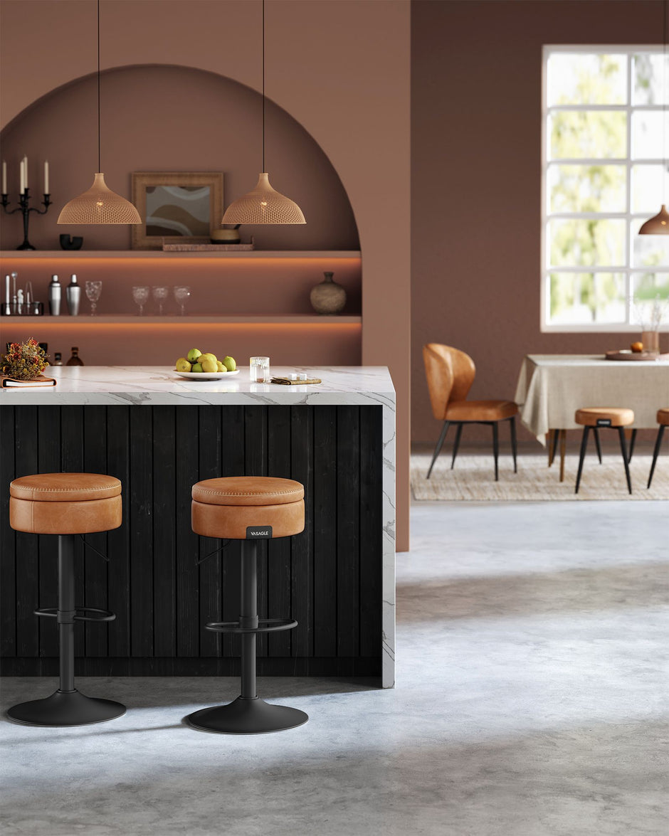 Bar Stool – Synthetic Leather – Caramel Brown – 360° Swivel and Height Adjustable with Storage