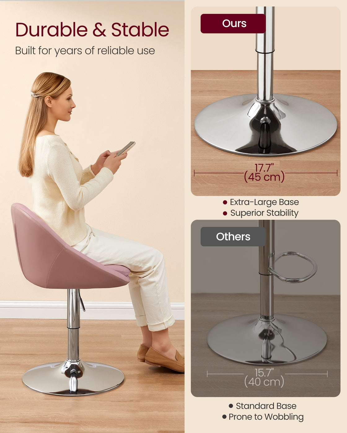 Adjustable Dressing Chair – Steel – Jelly Pink and Silver Grey – Swivel Stool with Backrest