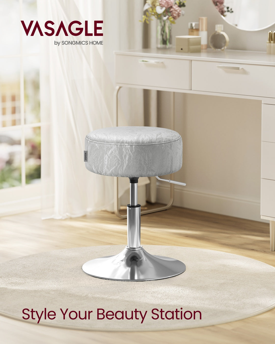 Height Adjustable Stool – PU Upholstery – Cream White – 360° Swivel, Thick Cushion for Makeup Vanity