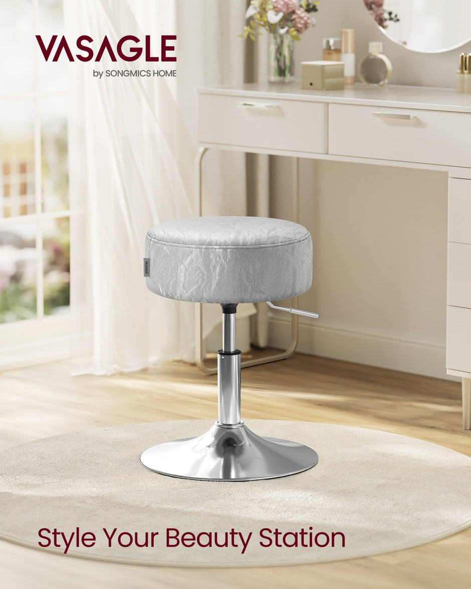 Height Adjustable Stool – PU Upholstery – Cream White – 360° Swivel, Thick Cushion for Makeup Vanity