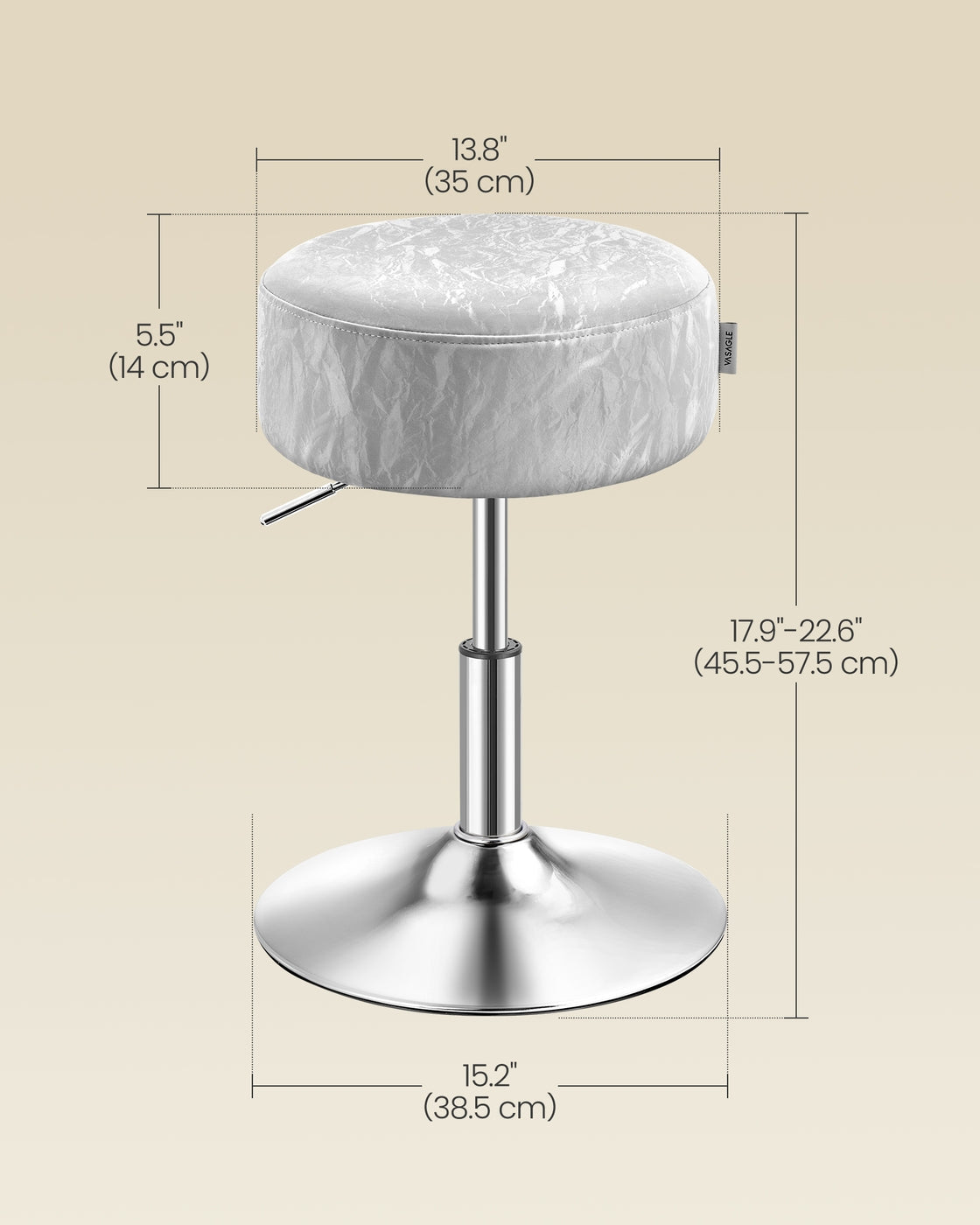Height Adjustable Stool – PU Upholstery – Cream White – 360° Swivel, Thick Cushion for Makeup Vanity