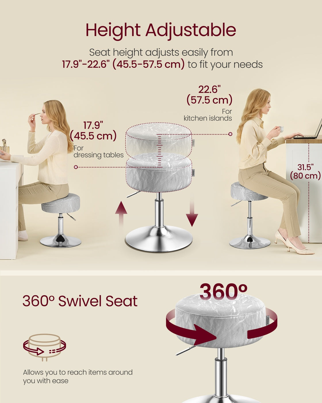 Height Adjustable Stool – PU Upholstery – Cream White – 360° Swivel, Thick Cushion for Makeup Vanity