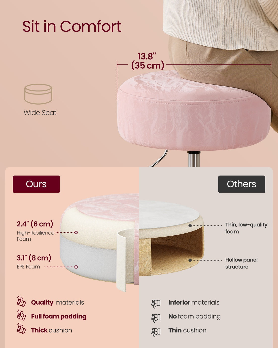 Dressing Table Stool – PU Upholstery – Cream White – Height Adjustable, 360° Swivel, Thick Cushion