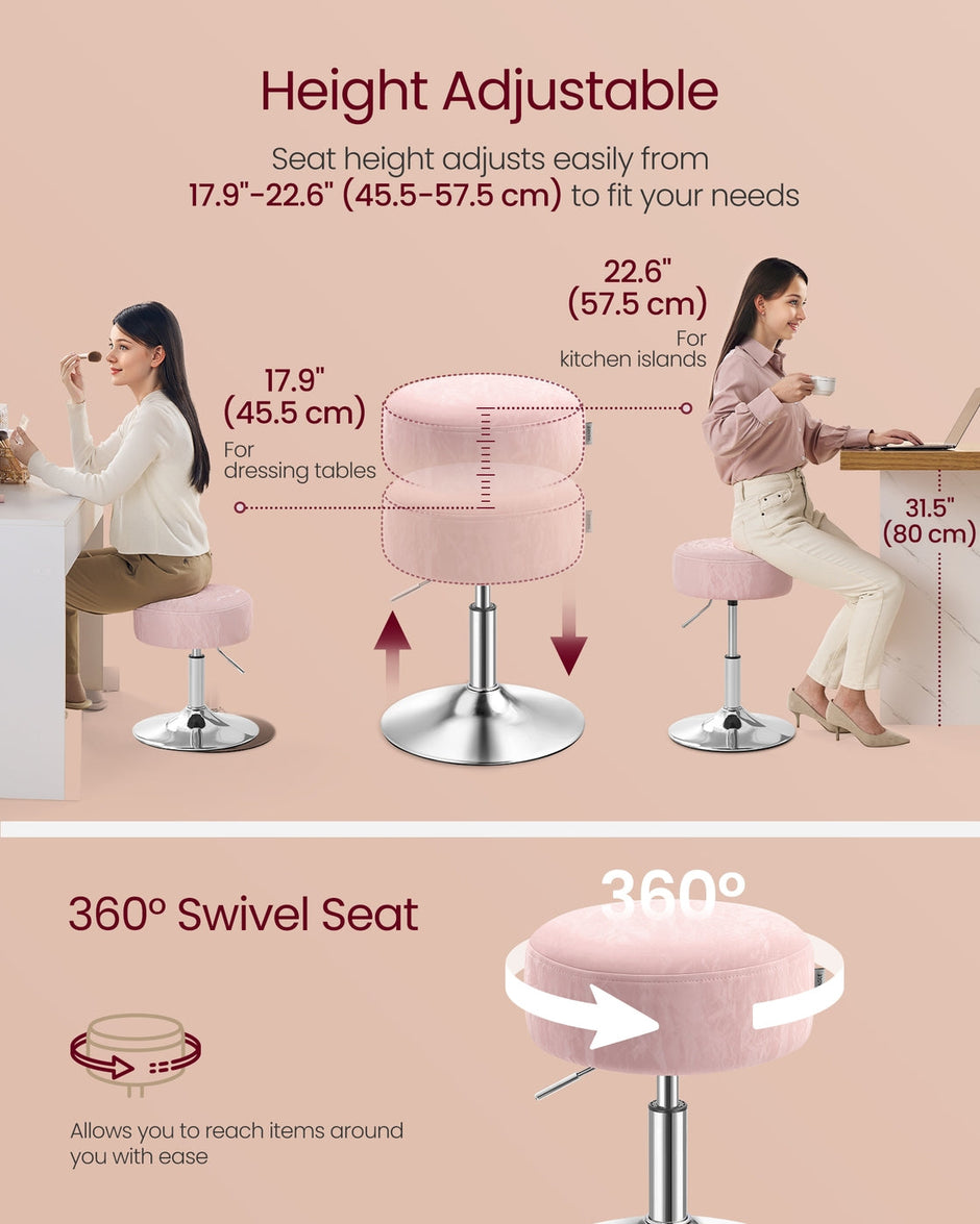 Dressing Table Stool – PU Upholstery – Cream White – Height Adjustable, 360° Swivel, Thick Cushion