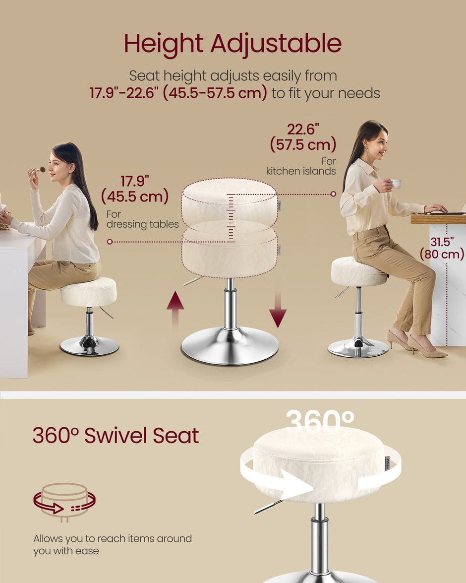 Height Adjustable Makeup Vanity Stool – PU Upholstery – Cream White – 360° Swivel, Thick Cushion